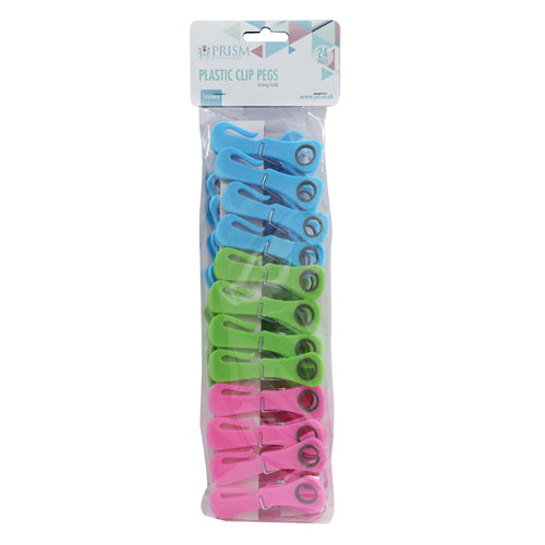 Prism Plastic Clip Pegs - 24 Pack Assorted Colors.
