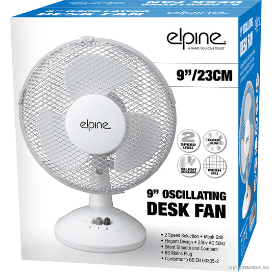 Restez au frais avec style : ventilateur de bureau oscillant de 23 cm (9 pouces) en blanc élégant.