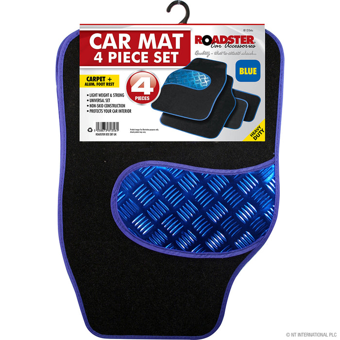 Upgrade Your Car Interior with 4pc Aluminium Patch Blue Car Mat Set.