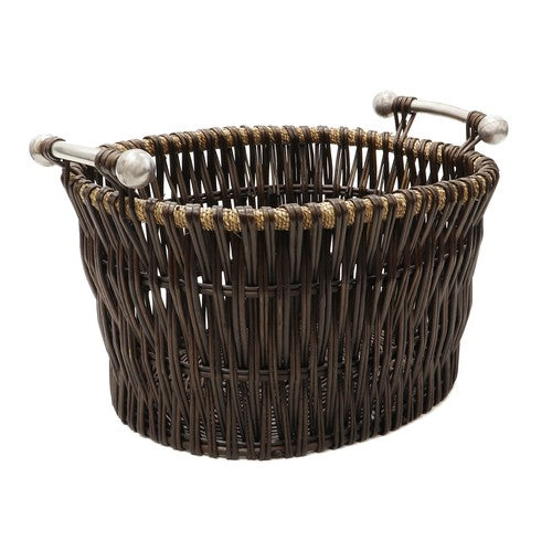 Panier à bûches élégant en saule foncé avec poignées métalliques - Marron | Solution de rangement parfaite.
