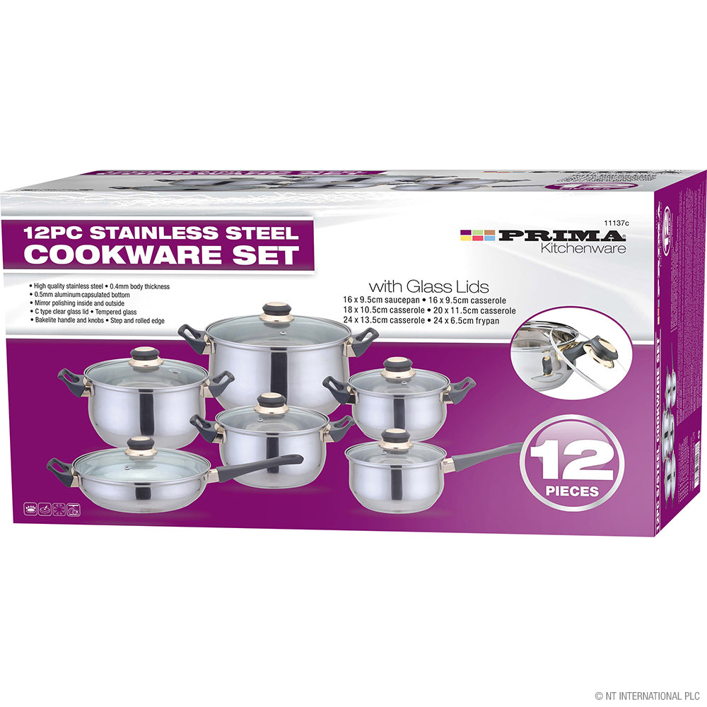 12pc Stainless Steel Cookware Set with Glass Lids Versatile 16-24cm Pots and Pans for Every Kitchen