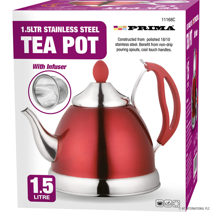 1.5L Red & Chrome Stainless Steel Teapot Stylish Tea Accessories