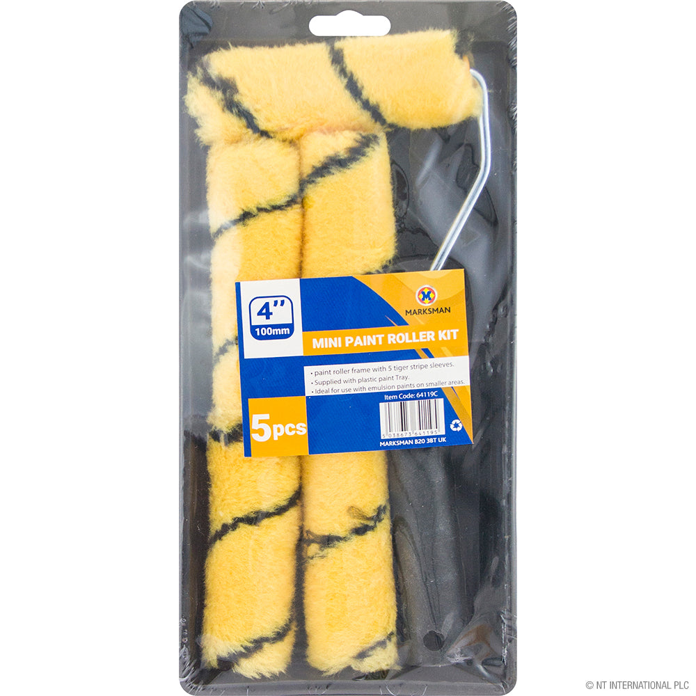 Lot de 5 mini rouleaux 4" à rayures tigre avec bac -