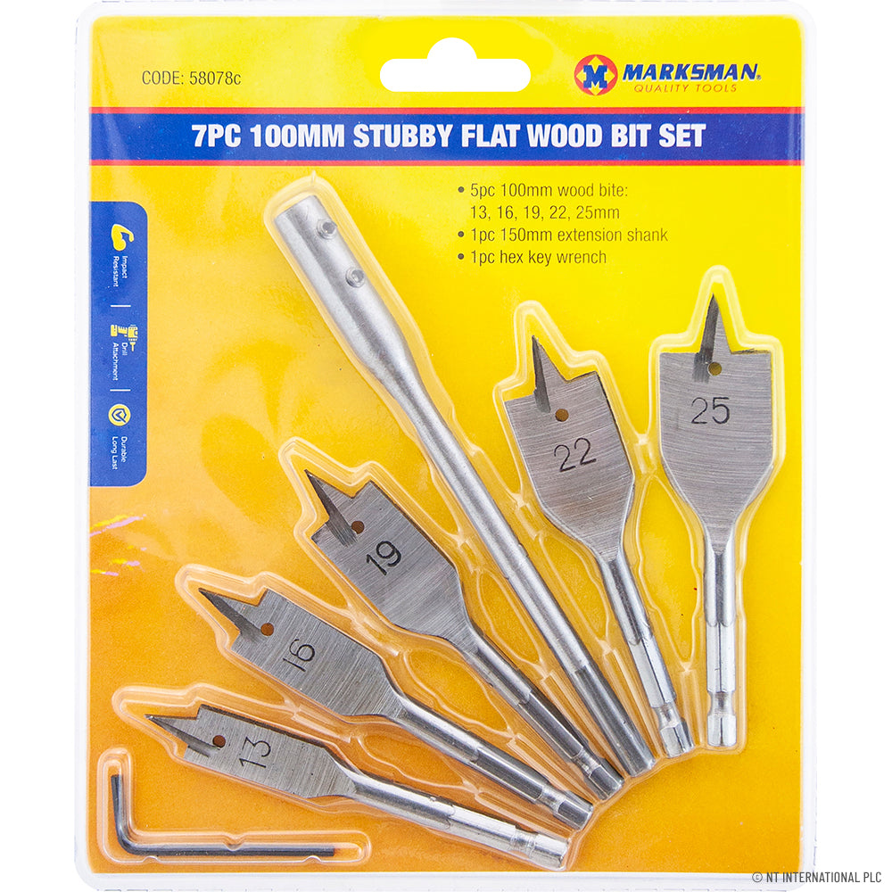 Upgrade Your Woodworking with Our 7pc Stubby Flat Wood Bit Set - 100mm | Premium Quality Tools for Precision Drilling