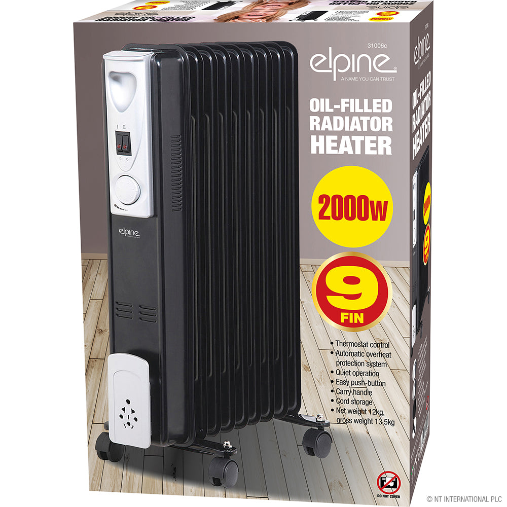 Radiateur électrique à bain d'huile 2000W 9 éléments, couleur noir élégant - Restez au chaud et économisez de l'énergie.