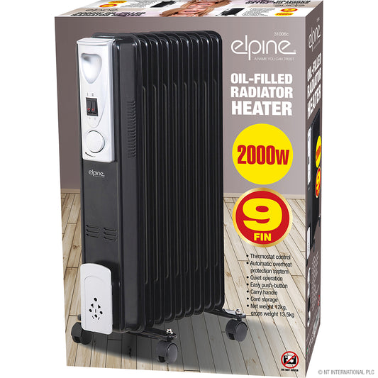 Radiateur électrique à bain d'huile 2000W 9 éléments, couleur noir élégant - Restez au chaud et économisez de l'énergie.
