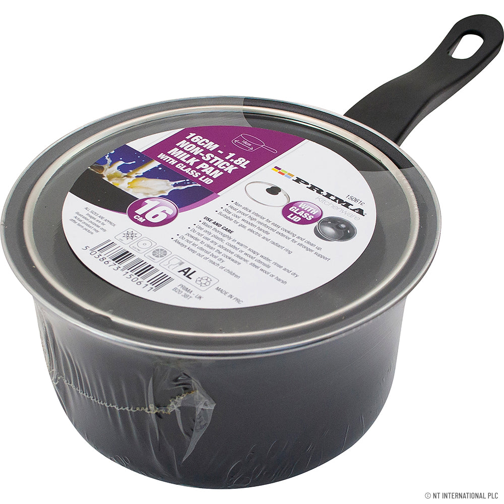 Casserole à lait Premium de 16 cm avec couvercle en verre et poignée noire - Idéale pour une cuisson de précision