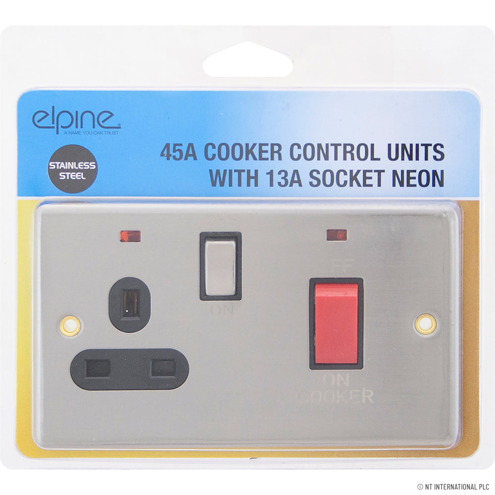 45A Cooker Switch & 13A Socket in Sleek Stainless Steel Finish.