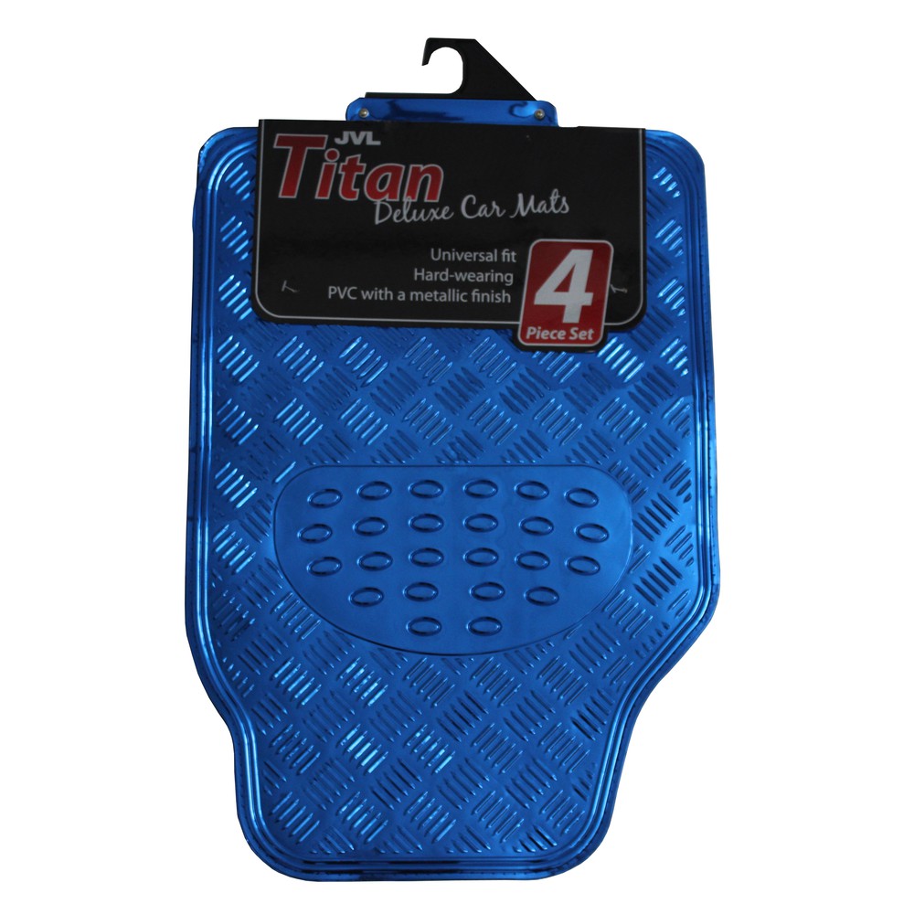 Améliorez l'intérieur de votre voiture avec le jeu de tapis de voiture métalliques Titan 4 pièces de couleur bleue.
