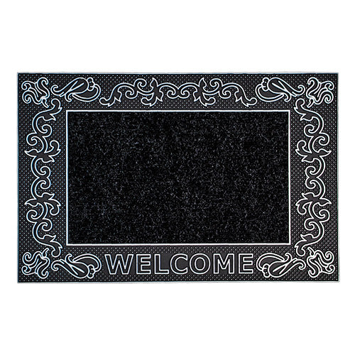 Add Sparkle to Your Entryway with Rico Metallic PVC Doormat - 45x70cm - Scroll Silver/Black.