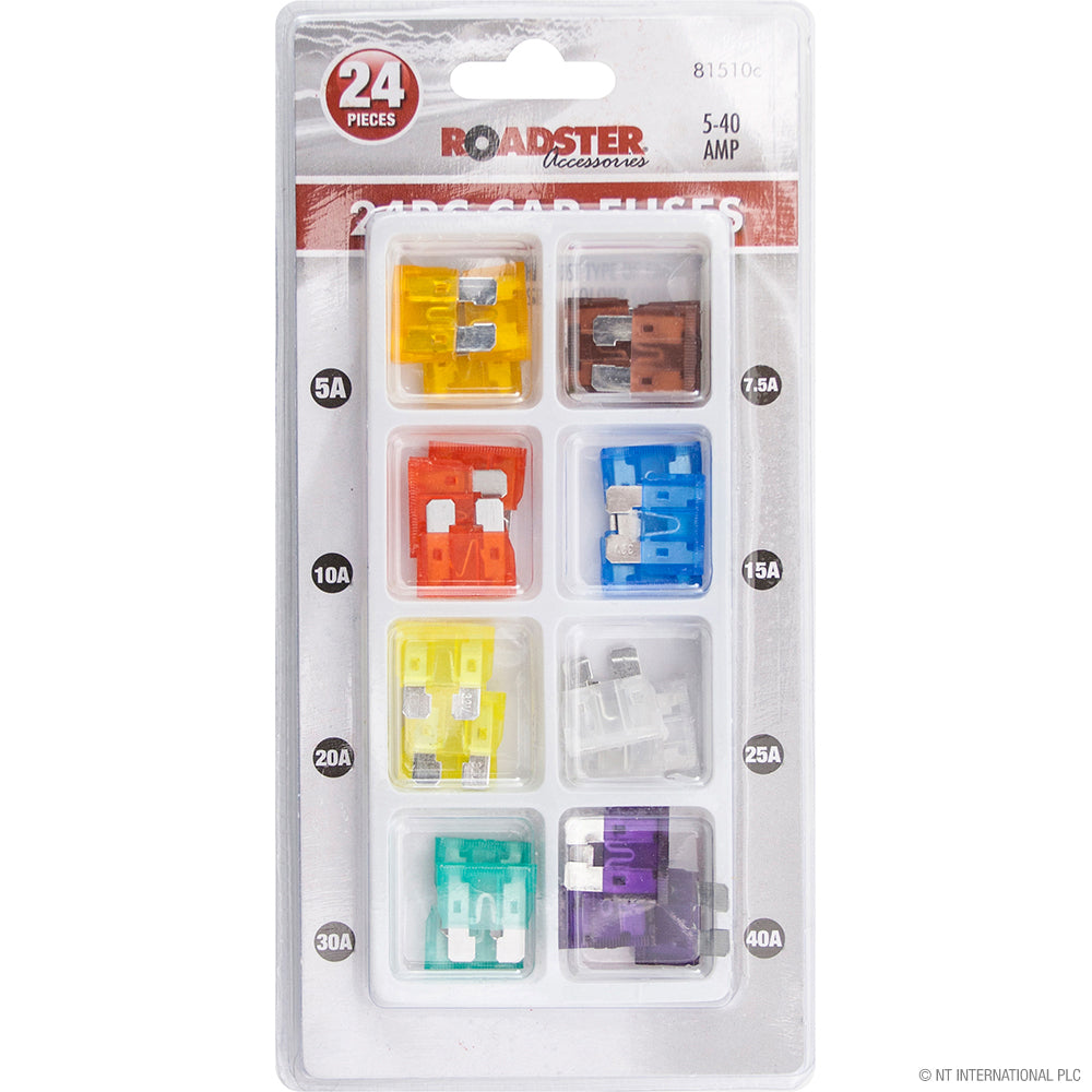 24pc Car Fuse Set - Assorted 5-40 Amp Reliable Automotive Circuit Protection