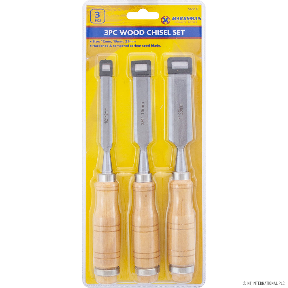 Jeu de 3 ciseaux de menuisier premium avec manches en bois - Précision artisanale pour le travail du bois - Tailles 12/19/25mm