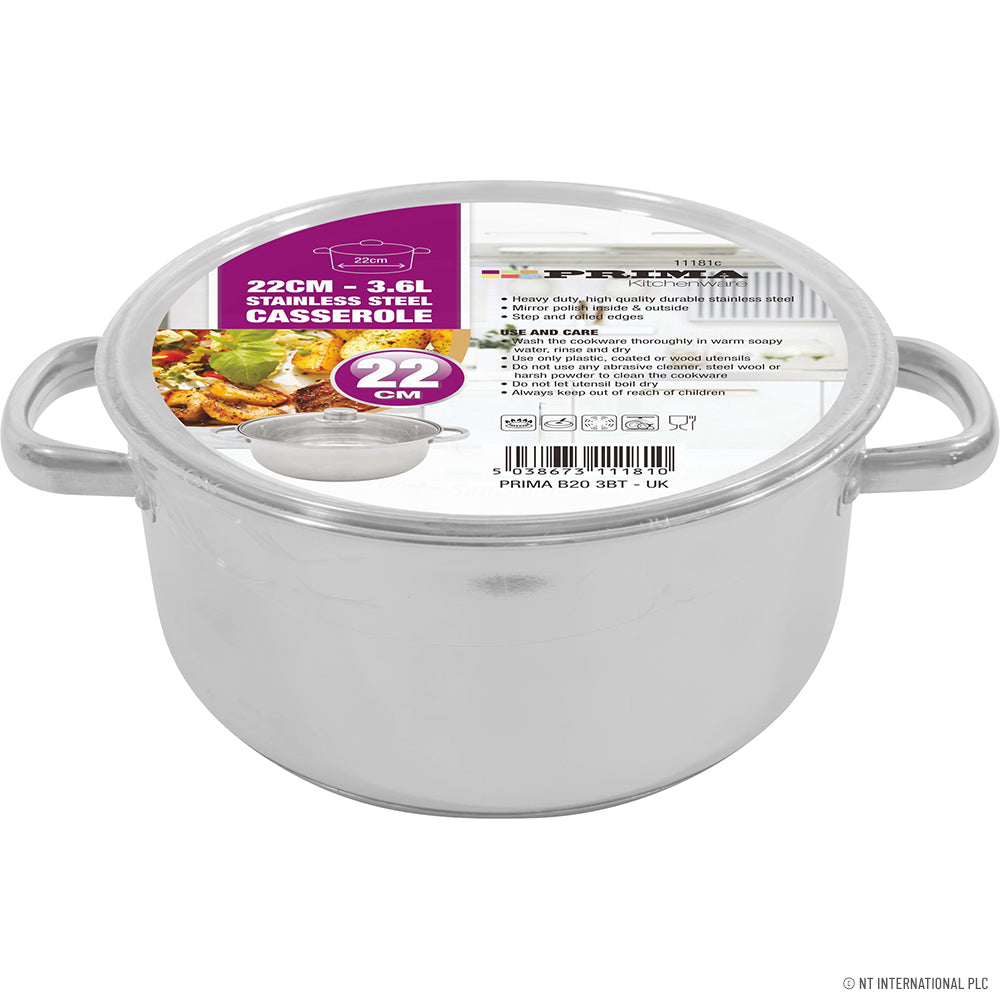 22cm Stainless Steel Casserole with Induction Base and Glass Lid - Ideal for Gourmet Cooking