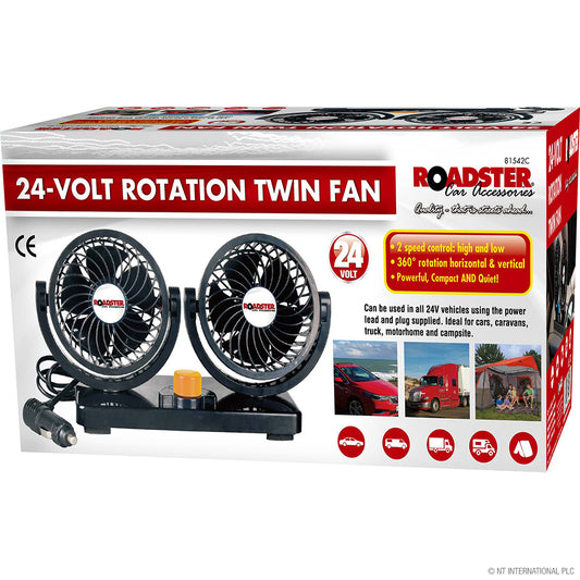 Keep Cool on the Go with Our 24V Twin Rotation Car Fan - Boxed.