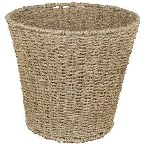 Panier rond en jonc de mer écologique pour un rangement élégant.