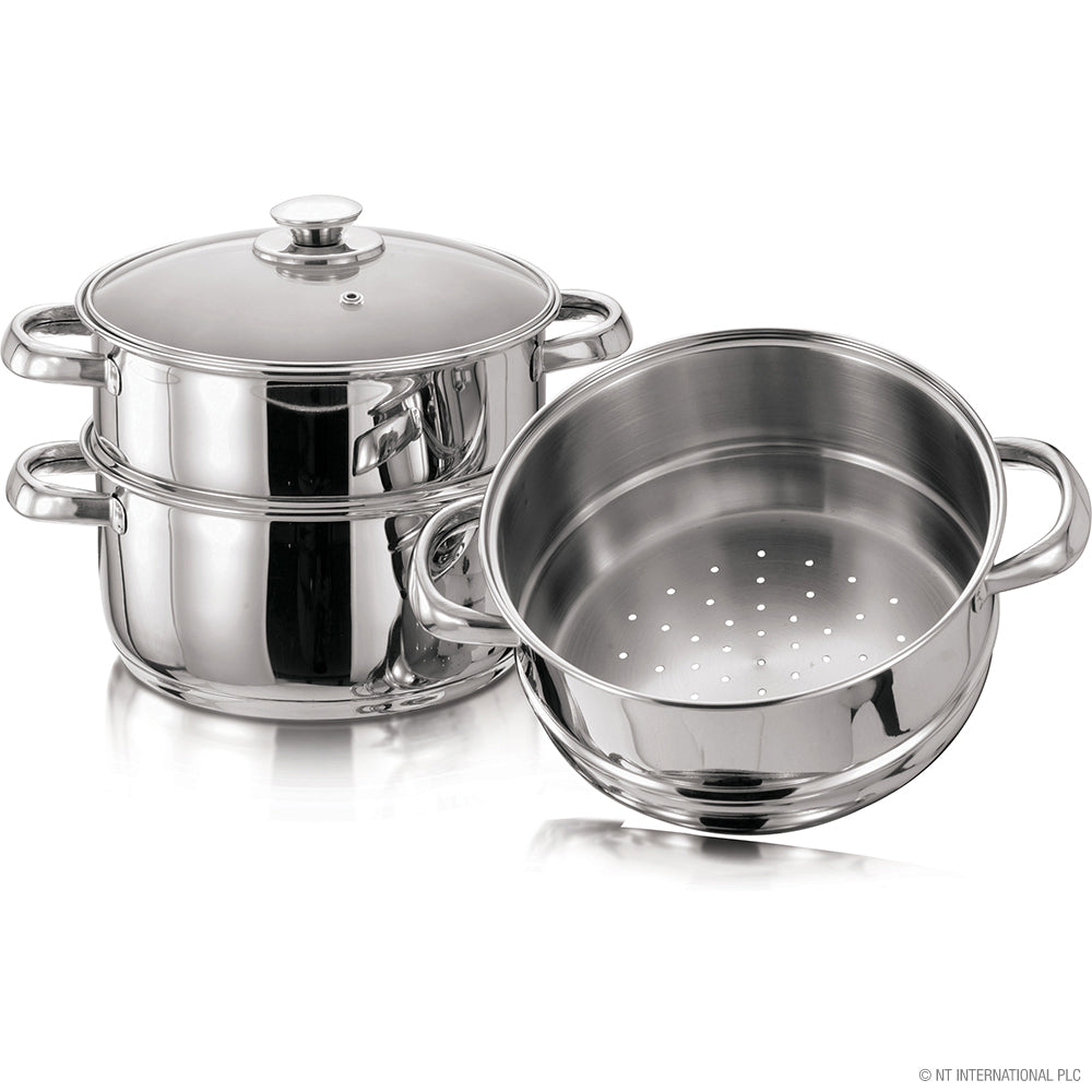 Batterie de cuisine vapeur 3 niveaux en acier inoxydable avec couvercle en verre - 4 pièces 24 cm