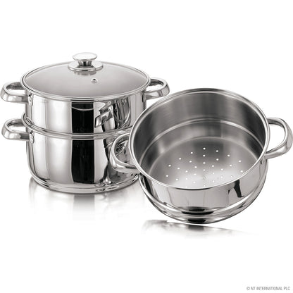 Batterie de cuisine vapeur 3 niveaux en acier inoxydable avec couvercle en verre - 4 pièces 24 cm