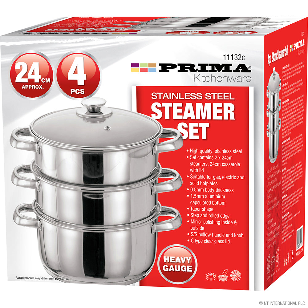 Batterie de cuisine vapeur 3 niveaux en acier inoxydable avec couvercle en verre - 4 pièces 24 cm
