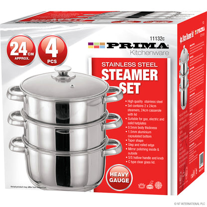 Batterie de cuisine vapeur 3 niveaux en acier inoxydable avec couvercle en verre - 4 pièces 24 cm