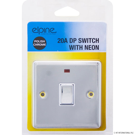 Upgrade Your Space with Style: 20A DP Switch with Neon Chrome - Shop the Latest in Electrical Design.