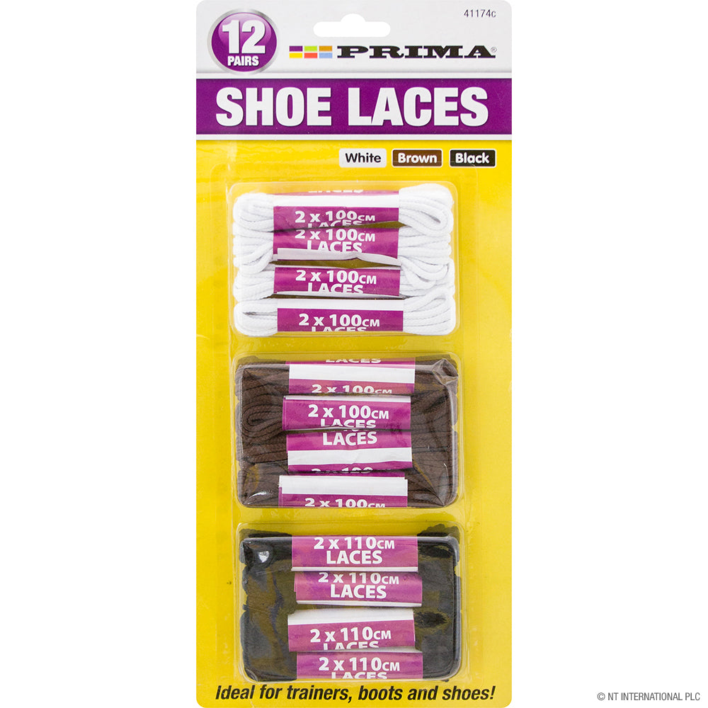 12 Pair Shoe Laces in White, Brown, and Black