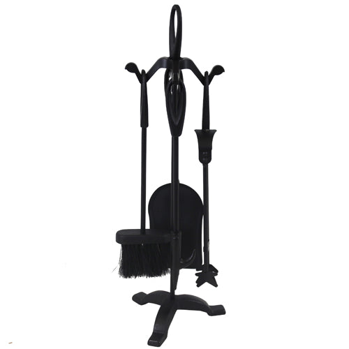 Ensemble d'accessoires de cheminée Cotswold 4 pièces + support - Noir | Meubles d'extérieur élégants.