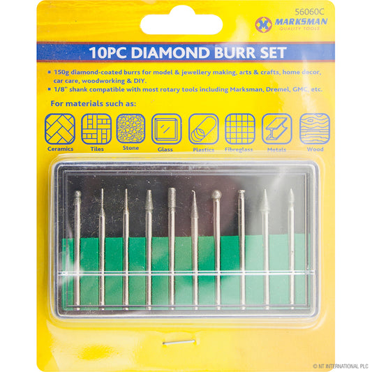 Premium 10pc Diamond Burr Set - Precision Tools for Jewelry Making and DIY Projects