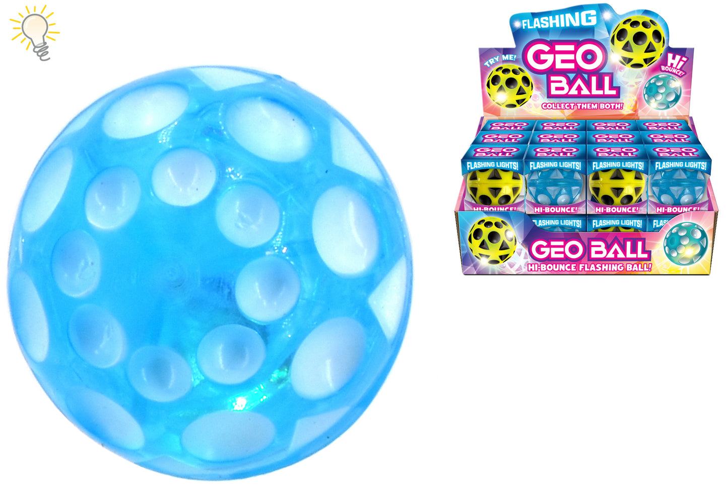 Balle rebondissante lumineuse géo 55mm - Boîte de présentation hypnotisante
