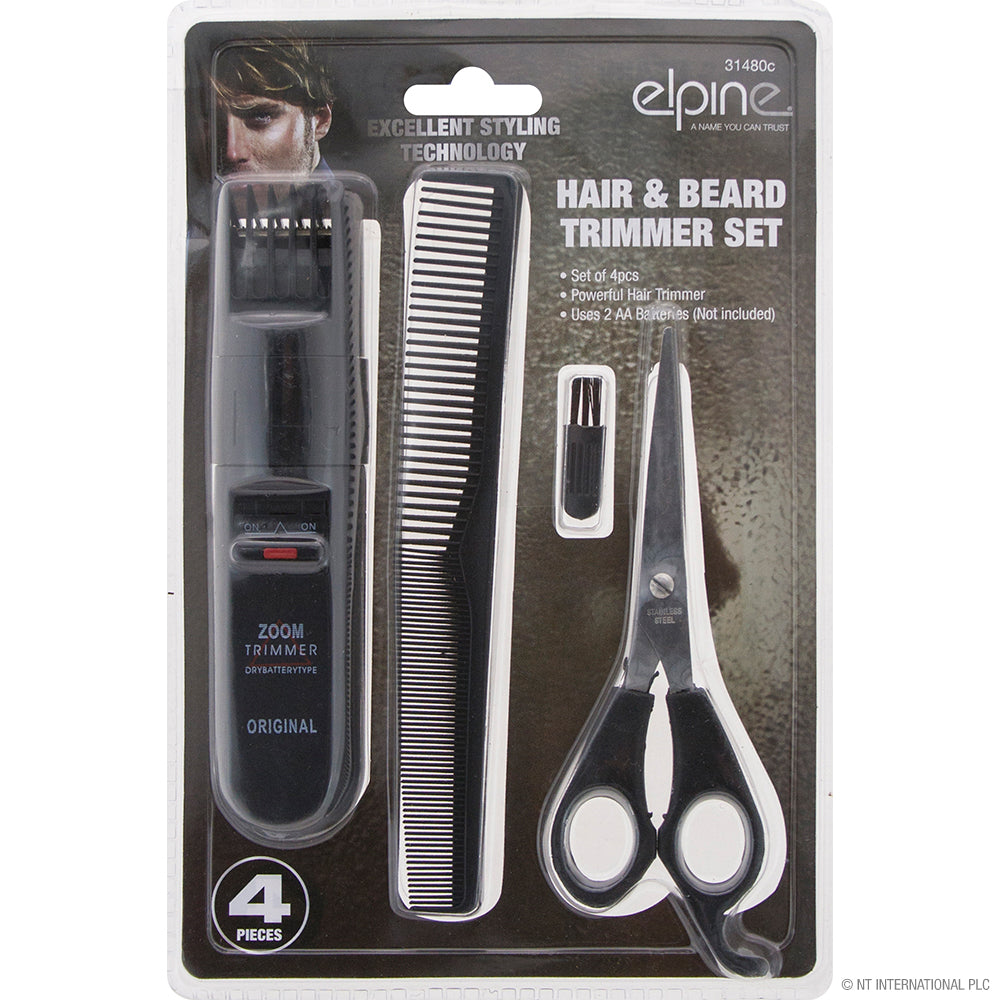 Alpine Hair & Beard Trimmer Uses 2 AA Battery Mens 4 Pcs Set