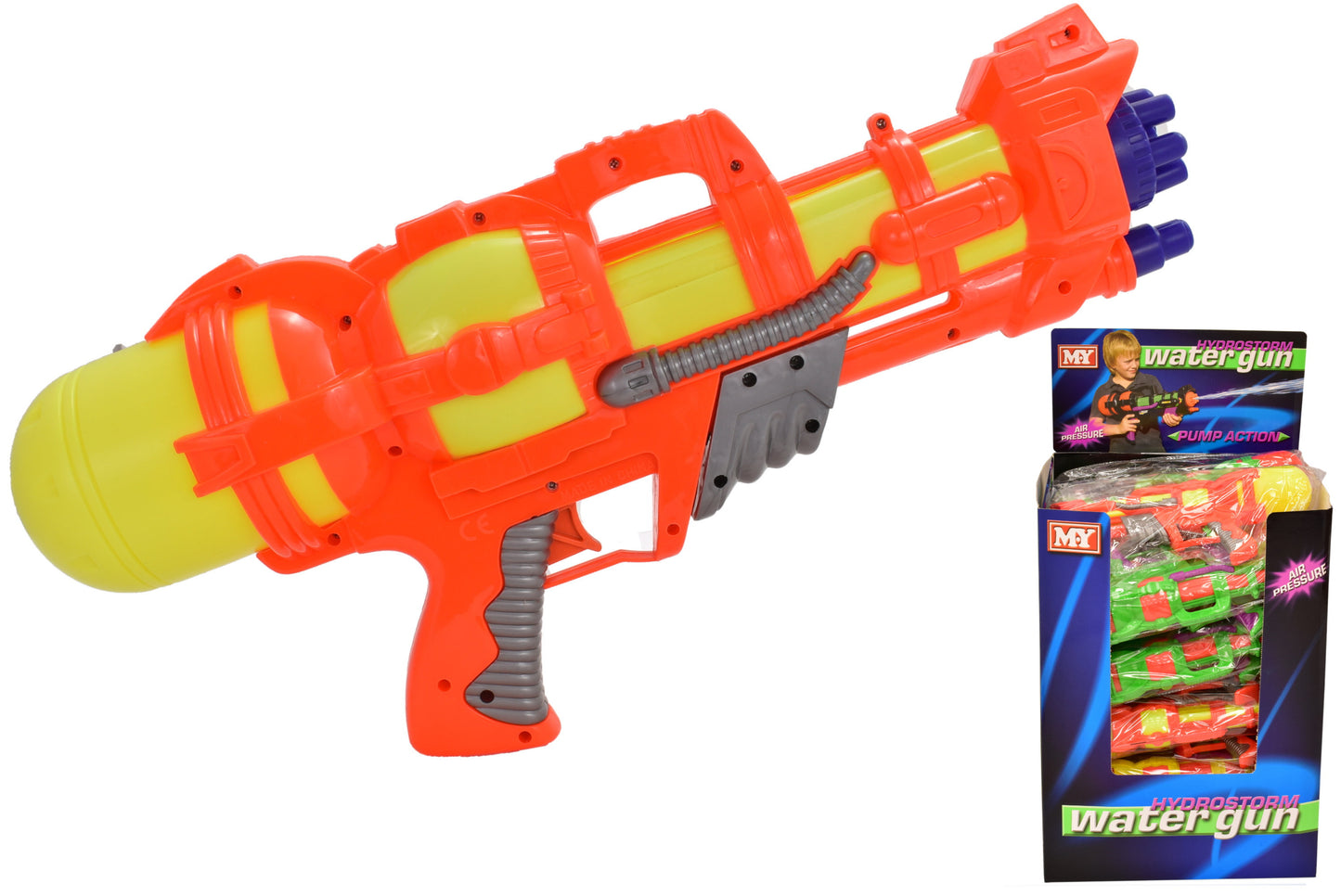 Pistolet à eau avec pompe à air M.Y, sous sachet avec carte, en boîte de présentation -