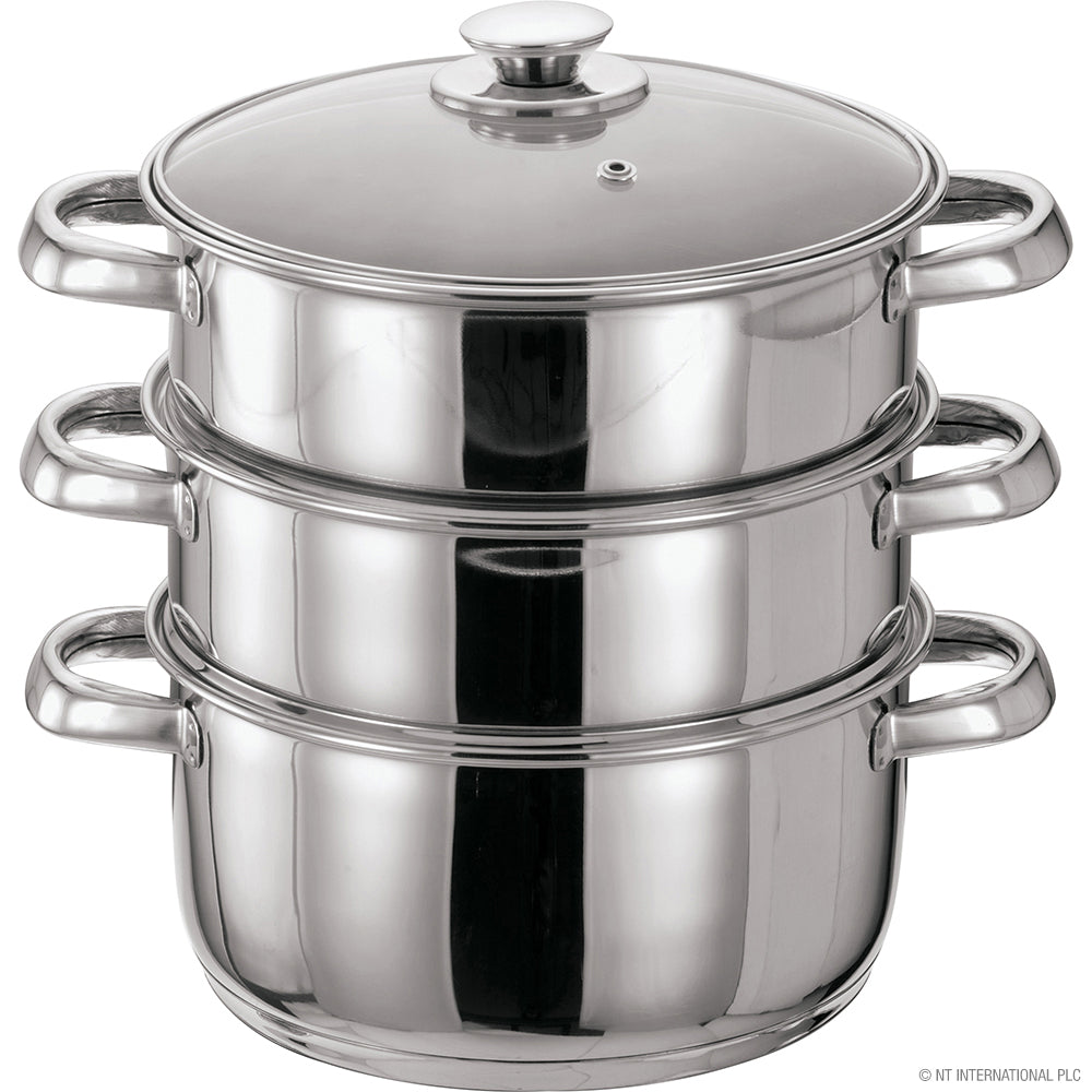 Batterie de cuisine vapeur 3 niveaux en acier inoxydable avec couvercle en verre - 4 pièces 24 cm