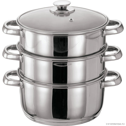 Batterie de cuisine vapeur 3 niveaux en acier inoxydable avec couvercle en verre - 4 pièces 24 cm