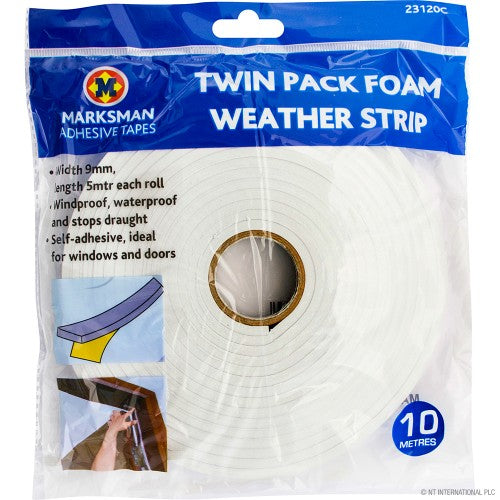 Twin Pack Weather Foam Strip - 10m: Easy Installation for Weatherproofing.