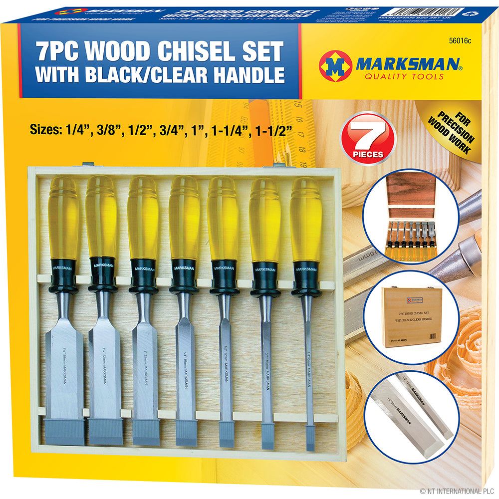 Jeu de 7 ciseaux à bois haut de gamme dans une boîte en bois - Outils à main professionnels jaunes