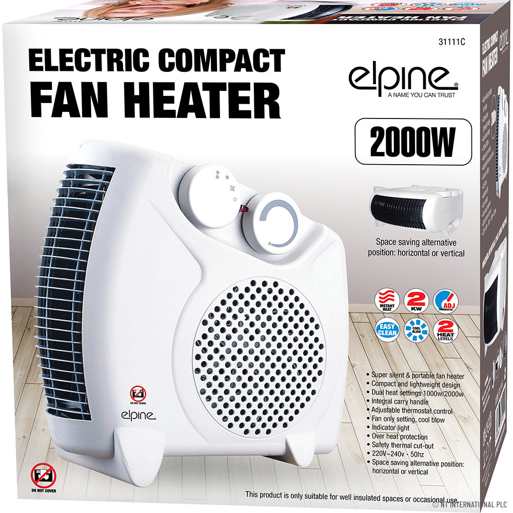 Chauffage soufflant électrique 2000W efficace en blanc | Chaleur rapide pour espaces douillets.