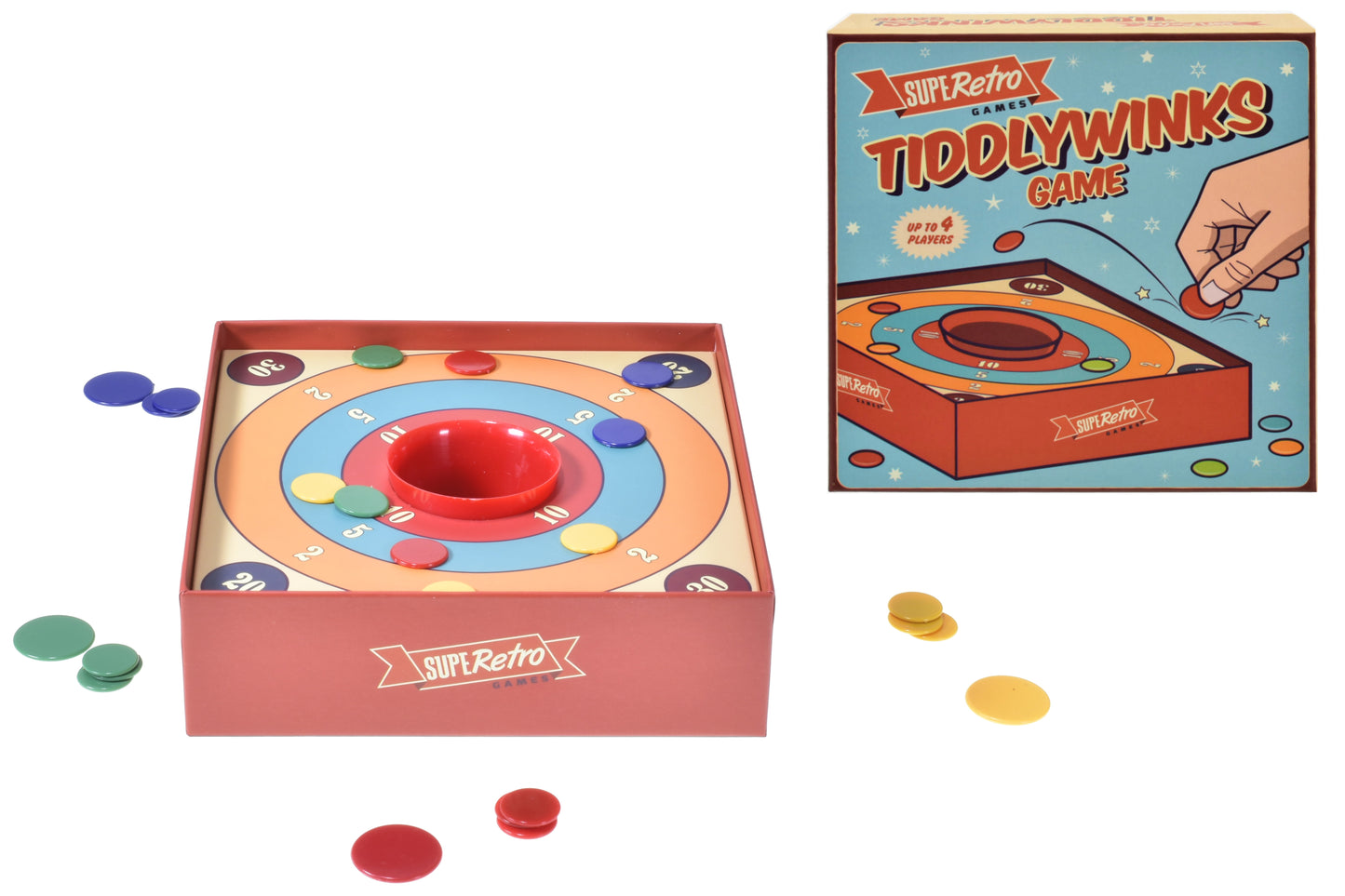 Tiddly Winks dans une boîte colorée : un jeu classique pour des heures de plaisir