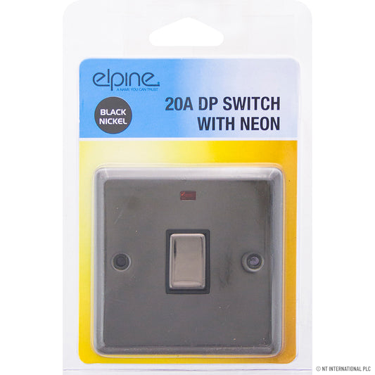 Upgrade Your Space with Style: 20A DP Switch with Neon in Elegant Black Nickel Finish.