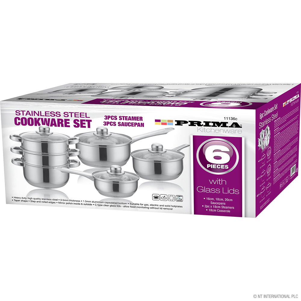 Ensemble de casseroles en acier inoxydable 6 pièces, complet avec cuiseur vapeur et casseroles