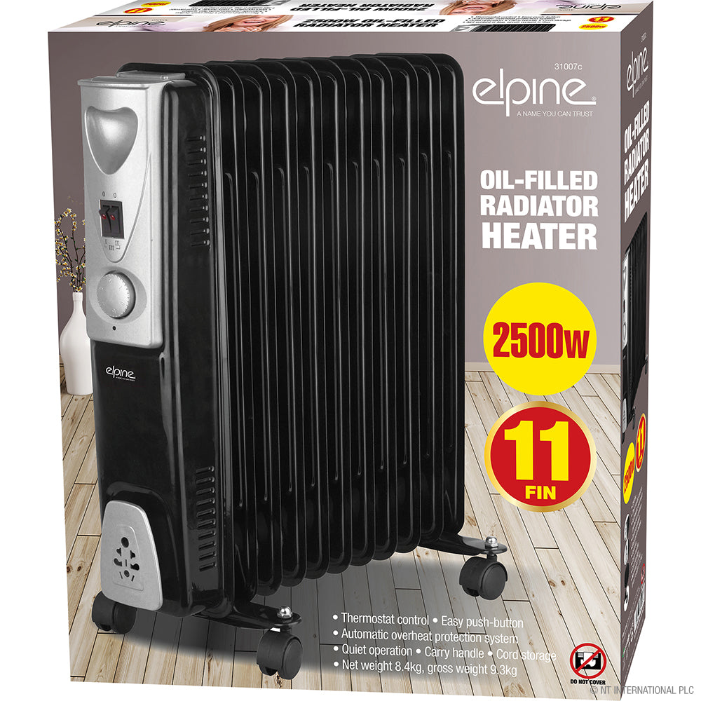Radiateur à bain d'huile 2500W à 11 éléments efficace - Noir élégant. Restez au chaud et confortable.