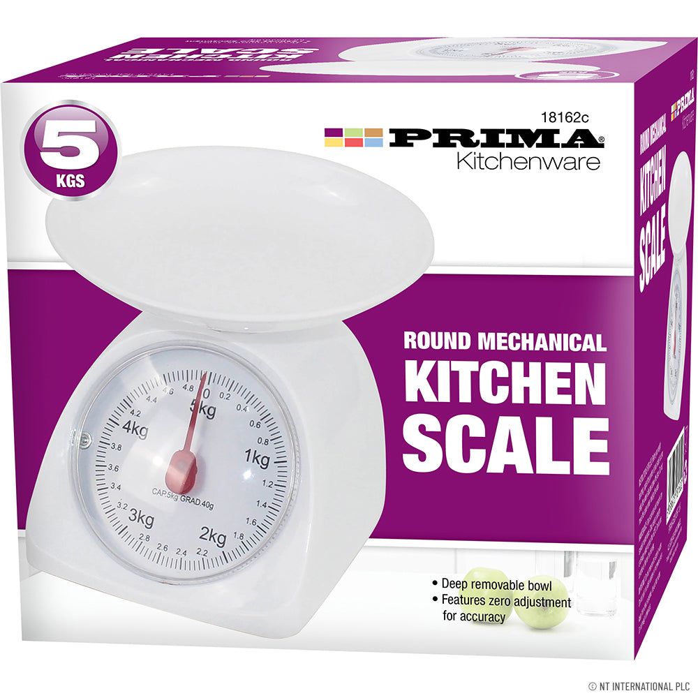 Balance de cuisine mécanique ronde Prima 5 kg : conception mécanique ronde précise.