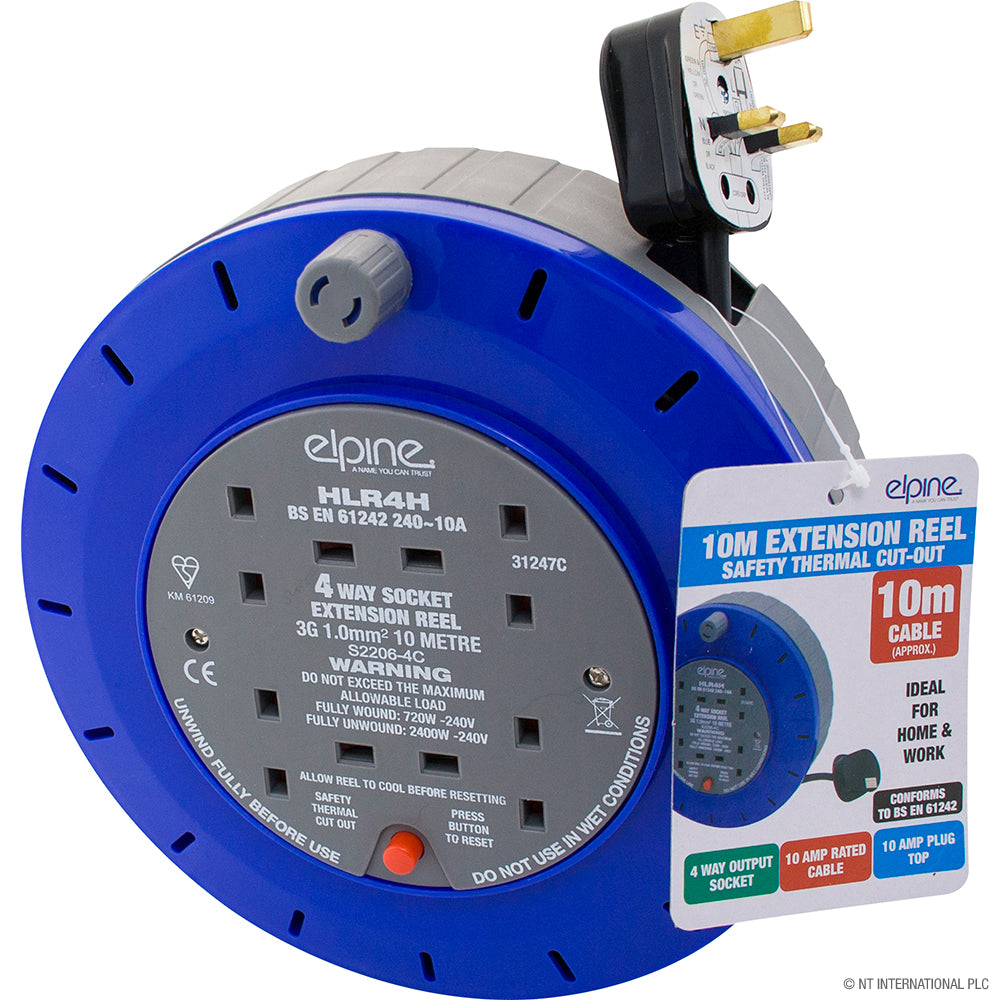 10m Cable Reel with 4-Way Socket - Ideal for Home and Office Use