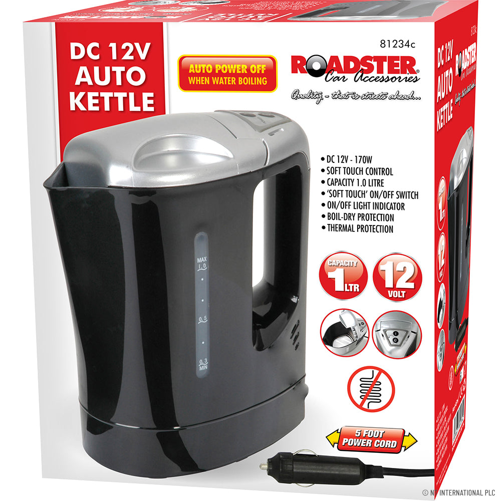 Convenient 12V 1L Portable Auto Electric Kettle - Black | Perfect for On-the-Go Use.