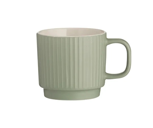 Mug vert ligné en relief 355ml : Tasse en céramique élégante pour un usage quotidien.