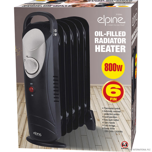 Radiateur à bain d'huile 800W mini 6 ailettes élégant noir - Restez au chaud avec un chauffage compact.