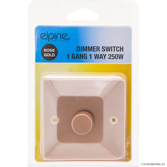 Enhance Your Home Lighting with our Stylish Dimmer Switch 1 Gang 2 Way 250W in Elegant Rose Gold Finish.