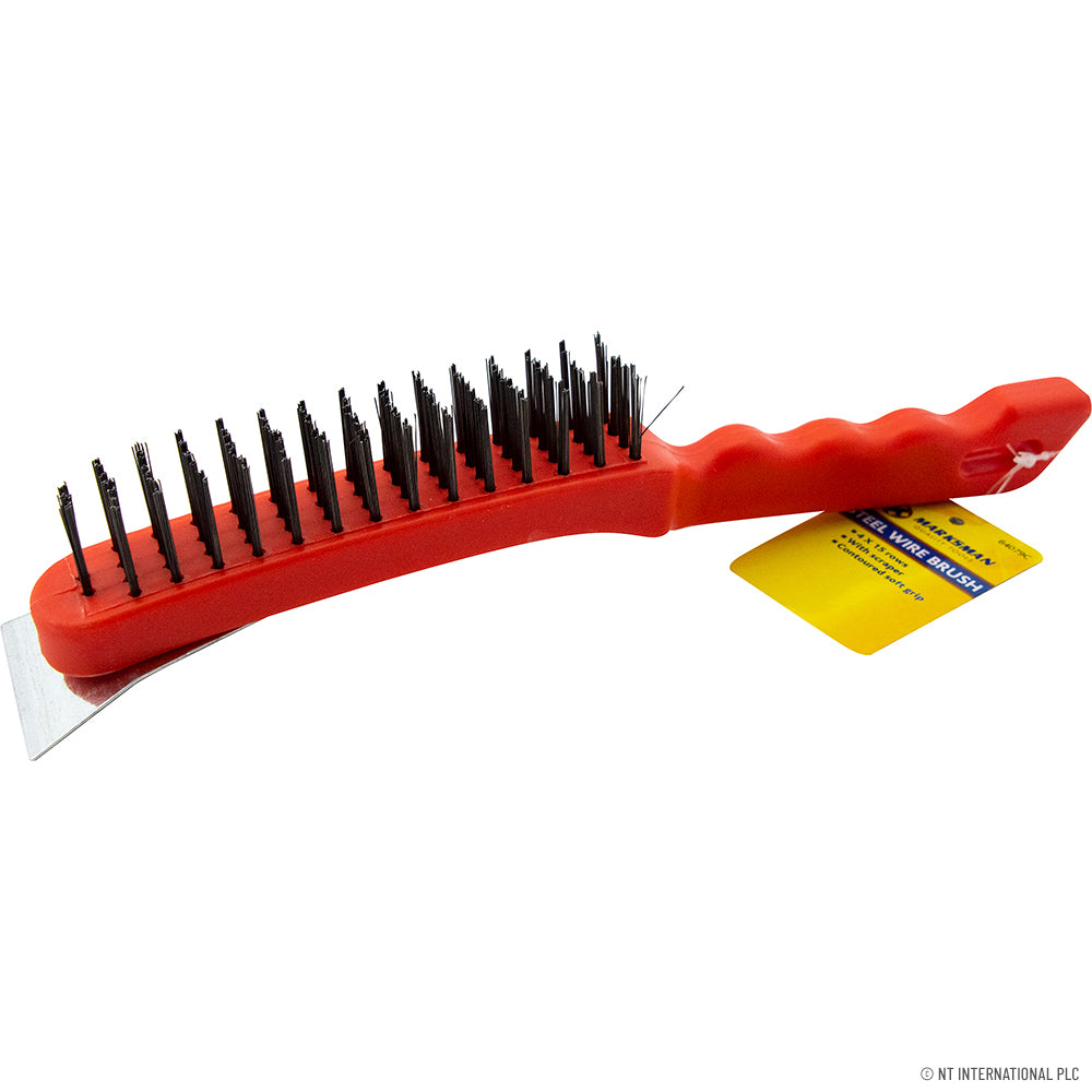 Brosse métallique 4 rangs de qualité supérieure avec grattoir - Outil de nettoyage efficace avec manche rouge