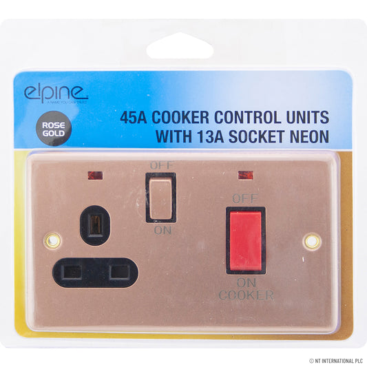 Upgrade Your Kitchen with Style: 45A Cooker Switch and 13A Socket with Neon in Elegant Rose Gold Finish.