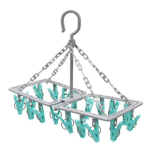 Séchoir à chaussettes pliable avec 20 pinces - Gris + Aqua | Solution de lessive pratique.