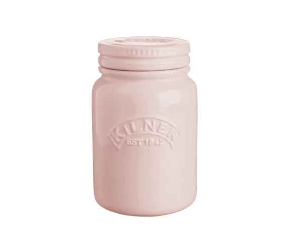 Sublimez votre cuisine : Pot en céramique avec couvercle à poussoir rose poudré 0,6 litre | Solution de rangement élégante.