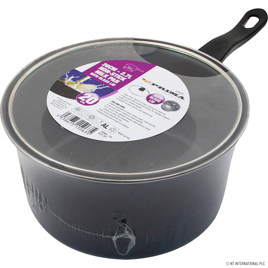 Casserole à lait premium de 20 cm avec couvercle en verre et poignée noire élégante